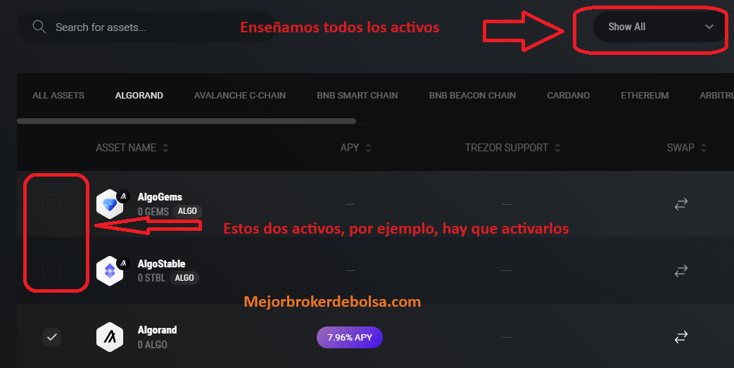 Habilitar activos en Exodus Wallet