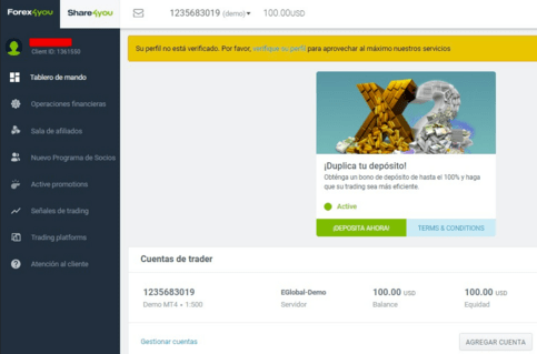 Perfil en la cuenta demo de Forex4you