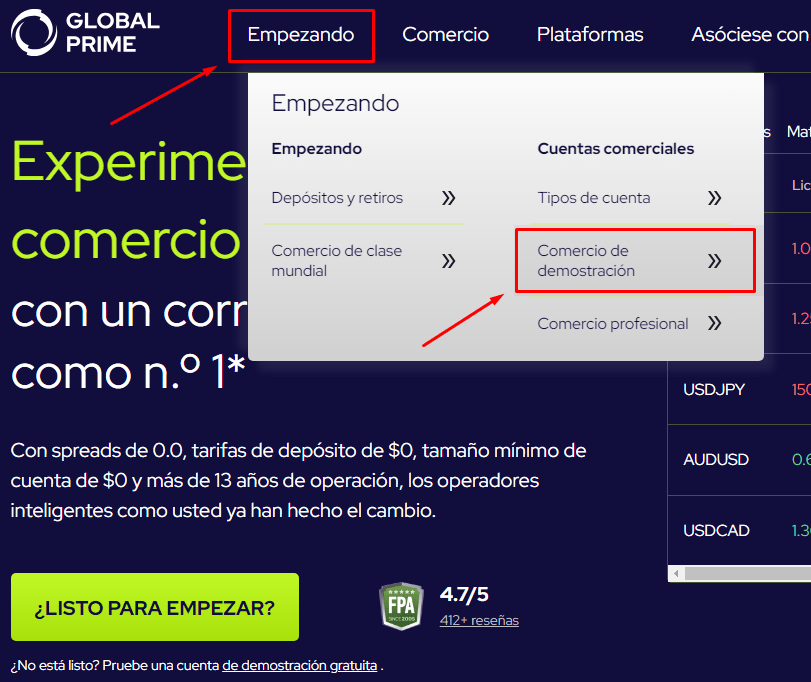 Abrir cuenta demo en Global Prime paso a paso