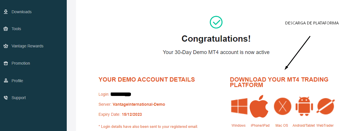 Descargamos la demo en Vantage FX