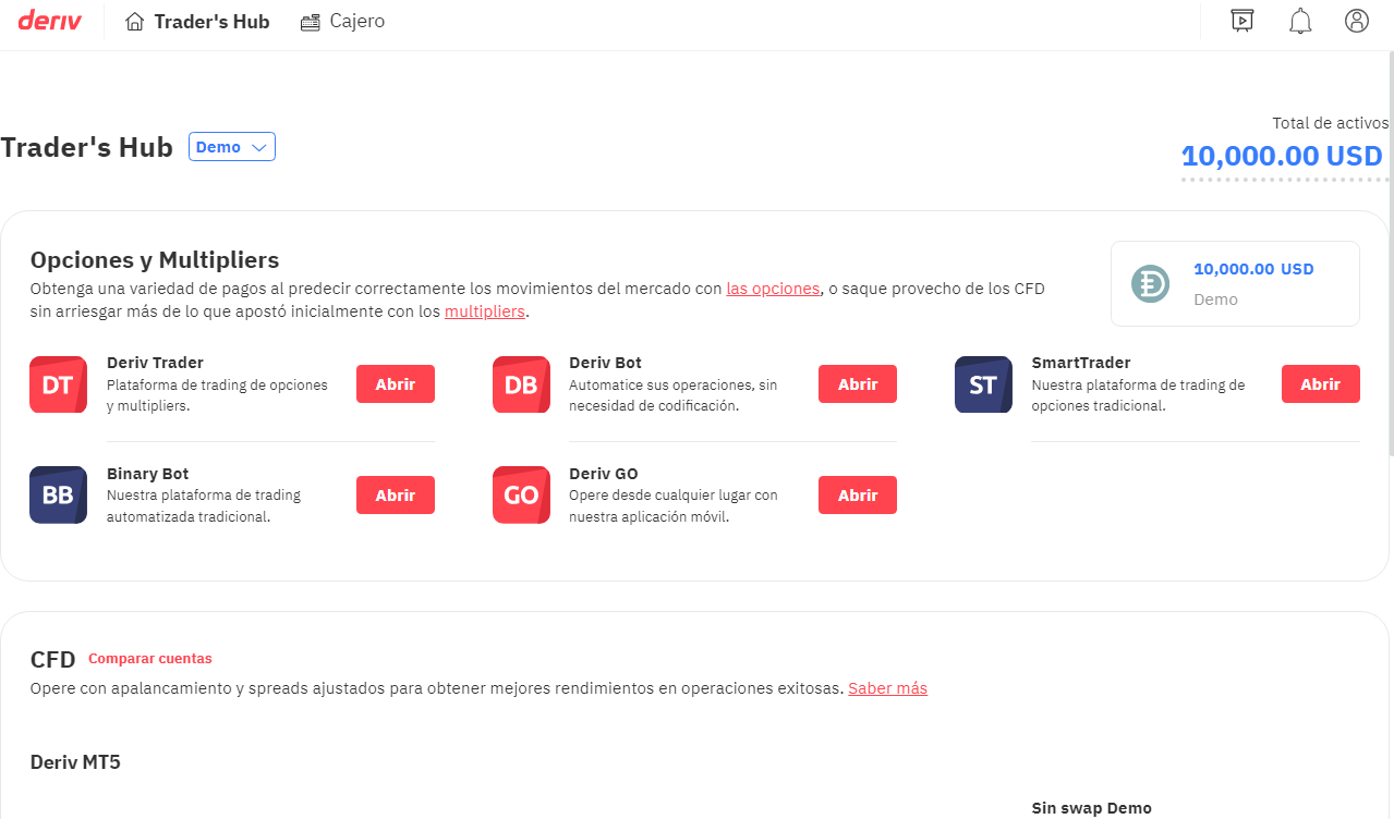 como es el portal de usuario de la cuenta demo con Binary.com