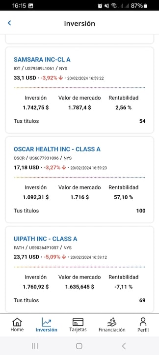 Pantalla de portfolio de acciones de Myinvestor