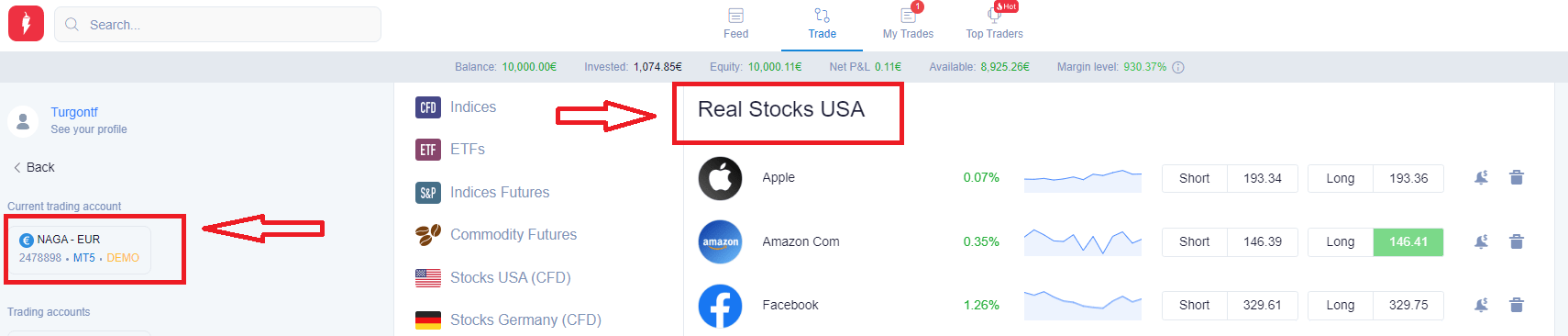 Plataforma de inversión demo de Naga Markets