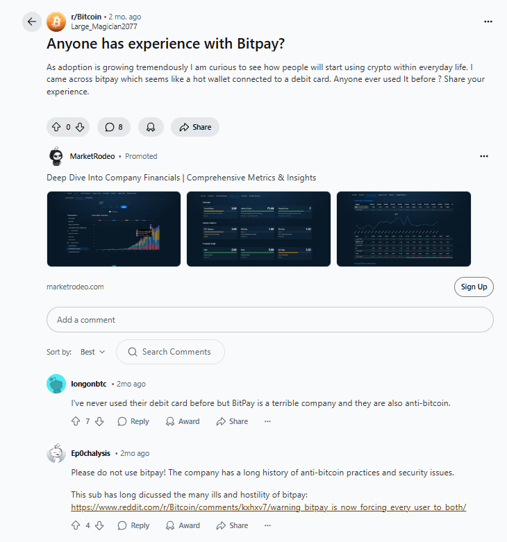 Opiniones de Bitpay en la red en sitios como Reddit